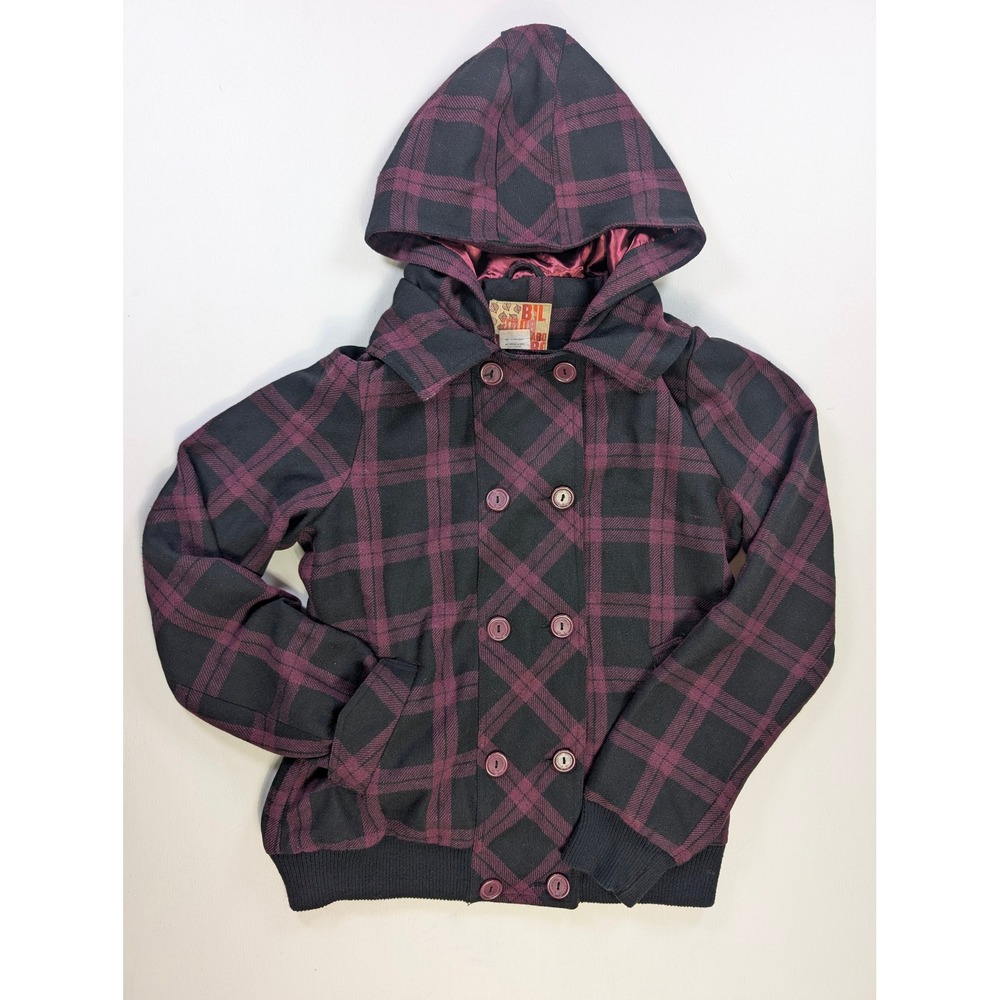 Billabong Womens Plaid Double Breasted Hooded Jacket Burgundy Black Pea Coat L